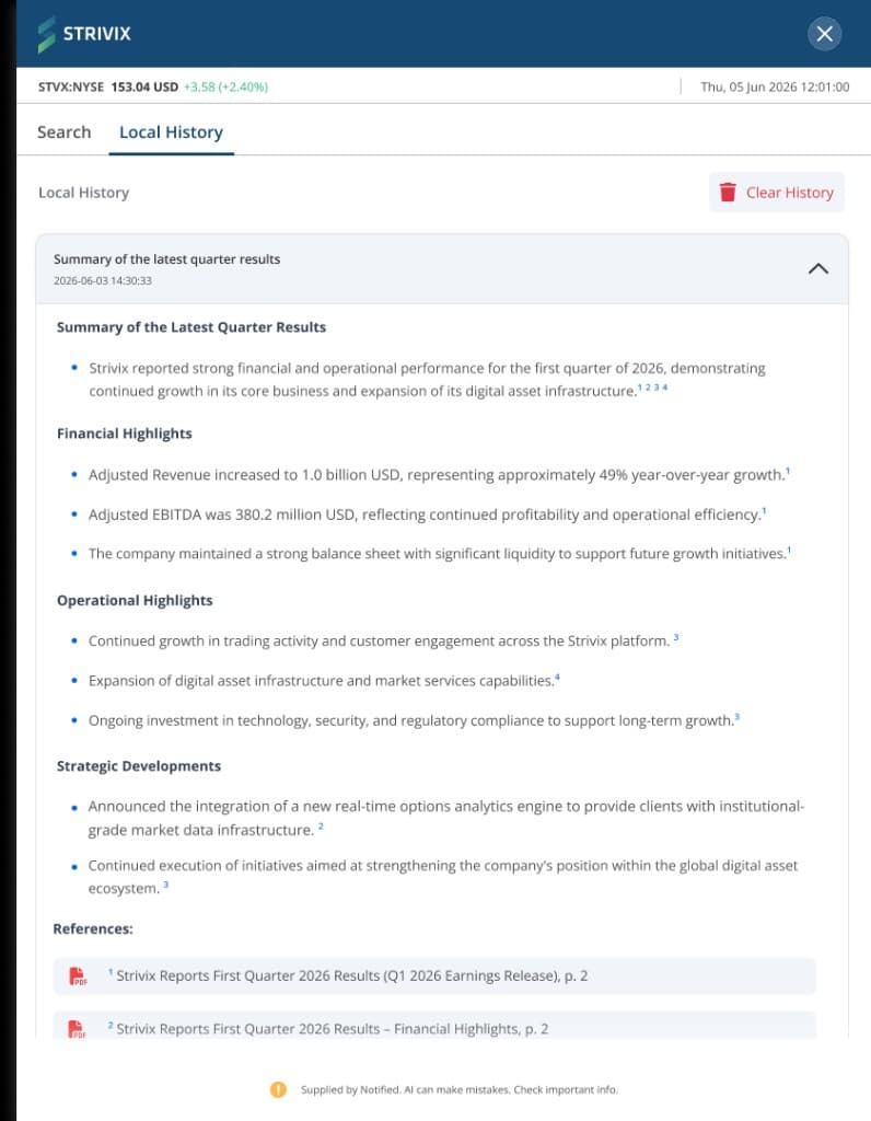 AI Search local history panel with an expanded answer